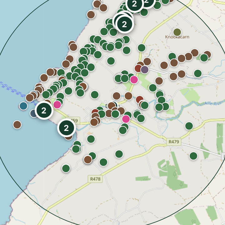The Discover Alone map searched for Doolin, Co Clare: pins for the recorded places along the coast and inland